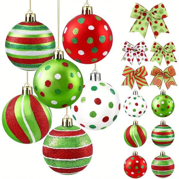 12pcs Christmas Balls Ornament With 12 Pcs Red & Green Christmas Bows, 2.4 Inch Glittering Hanging Xmas Balls For Tree Decoration Gift Wrapping Garland, Red & Green Plastic Christmas Baubles For Home Indoor Holiday Party Decor Home Decor Christmas Decorations Room Decor Winter