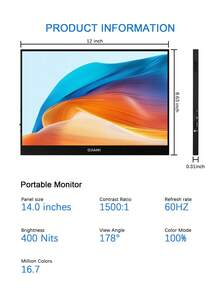 2K 14-Inch 60hz 2160*1440 Brightness 330cd/㎡ 100%SRGB HDR Built-In Speakers Ultra Slimr Gaming Portable Monitor Suitable For Laptops/Mobile Phones/PS Switch Second Monitor , Mini HD, No Adapter
