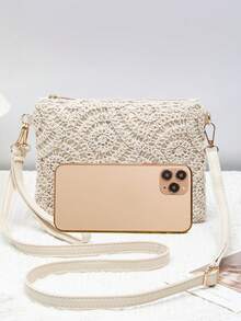 Túi xách mini đi biển, ví đựng tiền xu đeo cổ tay, túi đeo chéo vai nữ, túi đeo vai nhỏ gọn đa năng thời trang xuân hè mới, túi vuông ngọt ngào - Màu be - Xem 4