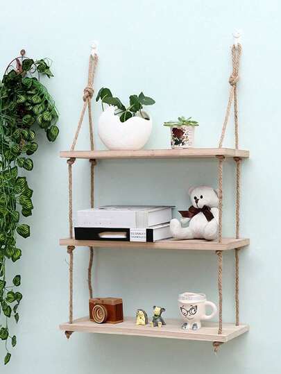 1pc (With Hook) Wall Hanging Decorative Rope Shelf, No Drill Needed Storage Rack, Jute Rope Partition Wooden Bookshelf, Wall Decor Rack, Shelves For Living Room