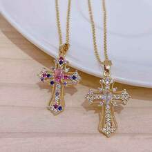 Cross Necklace For Women Faith Cross Pendant Necklaces Colorful Crystal Cubic Zirconia Rhinestone Birthday Religious Jewelry Gift For Teen And Ladies - Gold - View 4