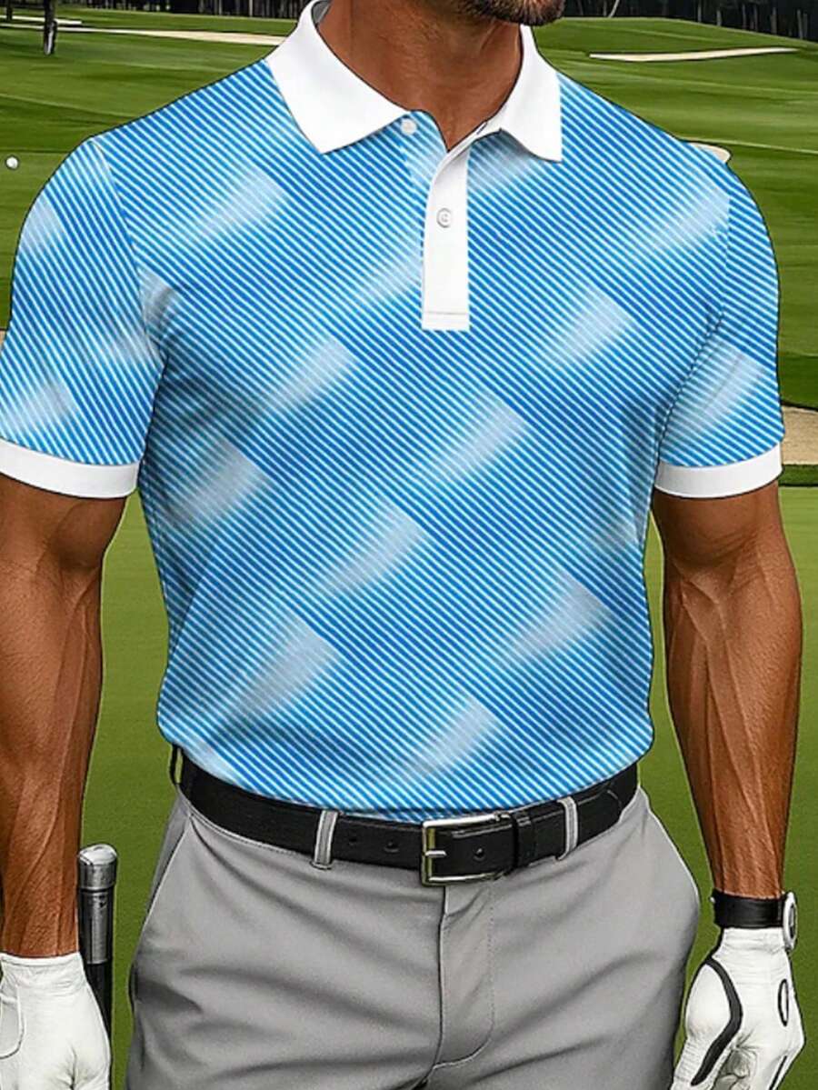 Men's Polo Shirt Casual Sports Turndown Collar Short Sleeve Fashion Casual Geometric Golf 3D Print Button Summer Lake Blue - Blue - View 1