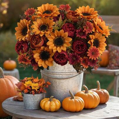 1/4 piezas Ramo artificial de girasol, peonía y crisantemo - Colores vibrantes de otoño Flores de plástico falso para ramo de novia, decoración de boda, materiales para corona DIY, decoración de fiesta de cumpleaños, hogar, comedor, sala de estar, jarrón, jardín exterior, Acción de Gracias, Halloween - Decoración de otoño para el hogar, manualidades DIY, decoraciones de boda de otoño, centro de mesa temático de temporada