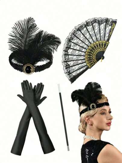 2/4 Stücke 1920er Jahre Frauen Flapper Kostüm Accessoires Set, großartig für Gatsby Party, handgehaltener faltbarer Spitzen-Blumen-Fächer, Feder-Haarband, lange Handschuhe, Halloween Dekorationen, Geschenk für Opernparty mit künstlichem Feder-Haarband