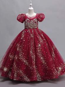 Girls Burgundy Tulle Princess Dress With Puff Sleeves Star Sequins Lace Embroidery Big Bow Back Ball Gown Flower Girl Dress For Wedding Birthday Pageant Formal Occasion - 酒紅色 - 查看 6