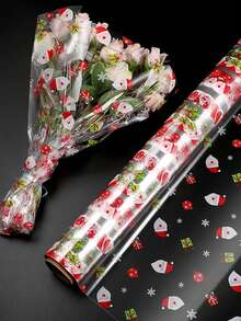 1 Roll Christmas Transparent Cellophane Wrapping Paper, Pattern Includes Snowflakes, Christmas Balls, Gifts And Santa Claus, Merry Christmas Gift Wrapping Paper, Gift Wrapping Paper, Flower Wrapping Paper, Waterproof Wrapping Paper, Bouquet Wrapping Supplies - Multicolor - View 1