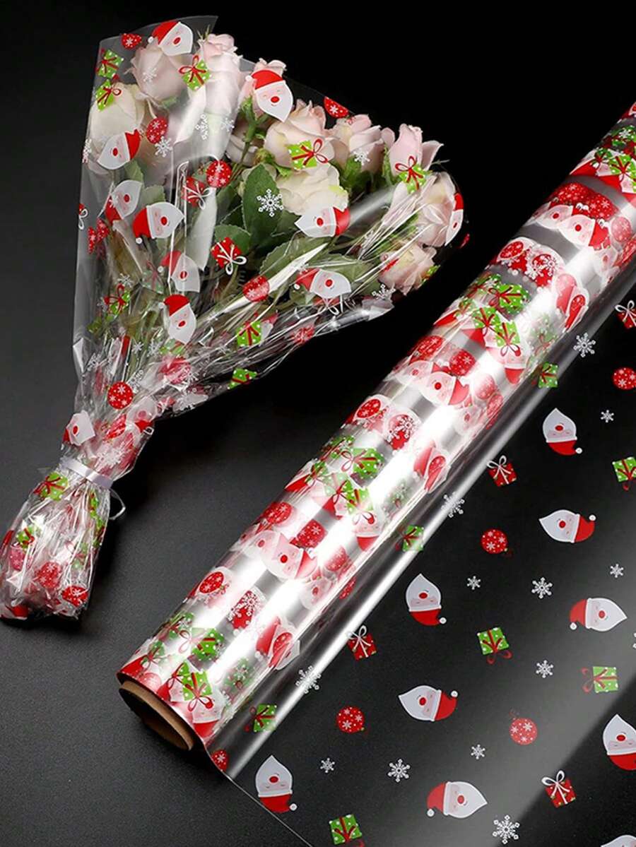 1 Roll Christmas Transparent Cellophane Wrapping Paper, Pattern Includes Snowflakes, Christmas Balls, Gifts And Santa Claus, Merry Christmas Gift Wrapping Paper, Gift Wrapping Paper, Flower Wrapping Paper, Waterproof Wrapping Paper, Bouquet Wrapping Supplies - Multicolor - View 1