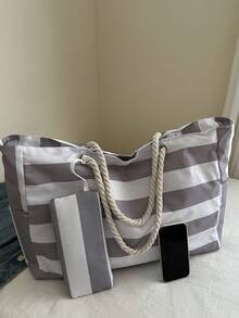 2pcs/Set Women's Waterproof Beach Tote Bag, Zipper Closure, Waterproof & Sand-Proof Design, Random Striped Pattern, Large Capacity, Suitable For Swimming Pool, School, Travel, Work, Vacation, Shopping And Other Occasions - Grey - View 5