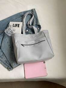 女士多口袋托特包，轻便可折叠单肩/腋下包，学生背包，办公公文包，大容量购物袋，适合购物、钱包、逛街、年轻女性、大学生、新手、白领。非常适合办公室、大学、工作、商务、通勤、户外活动、旅行和野餐 - 灰色 - 查看 8