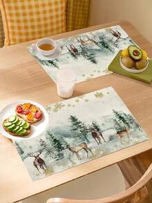 2pcs/4pcs/6pcs Christmas Linen Placemats, Snowflake Elk Christmas Tree Pattern Placemats, Size 12*18 Inches, Farmhouse Style Heat Resistant, Non-Slip Washable, Suitable For Christmas Family Gatherings And Party Decorations
