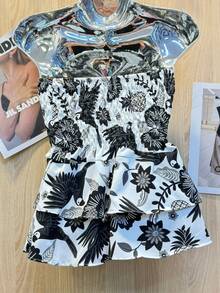 Printed Cropped Blouse With Elastic Ruffle - Black - View 2
