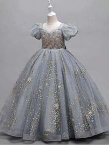 Girls Gray Tulle Princess Dress With Puff Sleeves Star Sequins Lace Embroidery Big Bow Back Ball Gown Flower Girl Dress For Wedding Birthday Pageant Formal Occasion - 灰色 - 查看 5