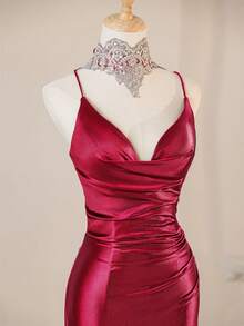 优雅深V领高开衩修身连衣裙，伴娘礼服 - 酒紅色 - 查看 4