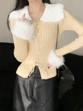 2024 秋冬新款宽松毛绒领女士时尚日常毛衣