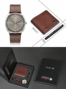 TOMI TOMI Men's Watch With Wallet And Pen, Minimalist & Elegant Calendar Business Style Quartz Watch, High-Quality Leather Strap, Gift Box Set Suitable For Daily Life, Business Events, Father's Day, Valentine's Day, Back To School