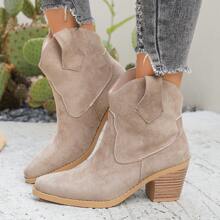 1 Pair Women's Solid Color Western Style Chunky Heel Boots, 2025 Autumn/Winter New Fashion Versatile Women's Slip-On Ankle Boots