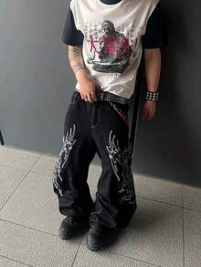 1pc Vintage American Style Embroidered Men's Casual Loose Fit Versatile Jeans Pants (Product Does Not Include Belt And Accessories) - màu đen - Xem 2