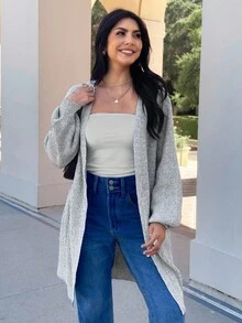 EMERY ROSE 落肩罗纹针织开衫、长袖上衣 - 灰色 - 查看 2