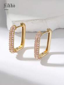 Hihho 2pcs European & American Styles Cubic Zirconia Inlaid Hoop Earrings, U-Shape Ear Cuffs, Round Earrings For Women, Fashion Minimalist Jewelry Accessories - Yellow Gold - View 4