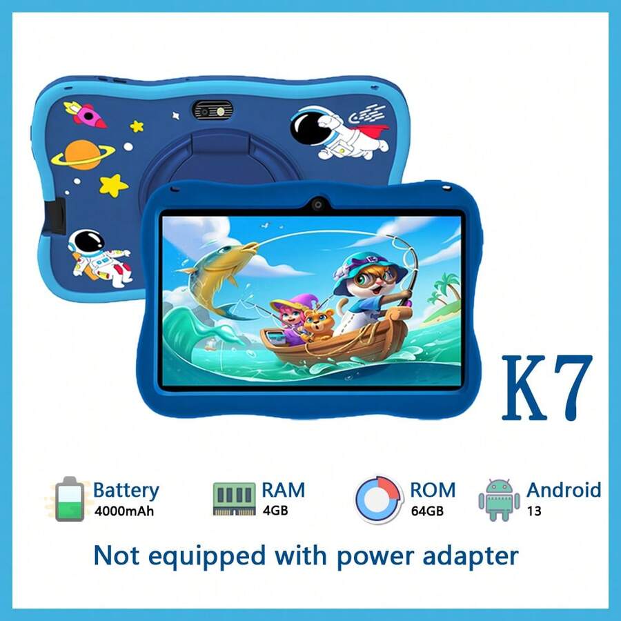BDF Tablette PC pour enfants de 7 pouces avec 4 Go de RAM et 64 Go de stockage, système d'exploitation Android 13, WiFi, comprend un protecteur d'écran, un logiciel de contrôle parental, des applications éducatives, des caméras doubles, une coque de protection en silicone, une coque en silicone d'astronaute, cadeau de Ramadan (adaptateur non inclus) - Recolorer - Voir 1