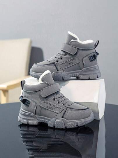 1 Pair Kids Winter Plush Lined Waterproof Snow Boots, Leather Surface, Hook And Loop Letter, Anti-Slip, Wear-Resistant High-Top Winter Shoes, Boys & Girls Winter Casual Letter Print Hook And Loop Plush Anti-Slip Snow Boots