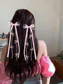 2个粉色流苏发夹，女士/女孩纯色丝带流苏蝴蝶结爪夹，仿珍珠流苏蝴蝶结发夹，优雅仿珍珠流苏蝴蝶结发夹，婚礼/节日双马尾蝴蝶结发夹，女士发饰，爪夹，发夹，发饰，发卡 - 粉色 - 查看 2