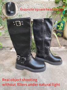 planare 2025秋冬季时尚厚底过膝侧拉链女靴，四季必备，骑士靴，真皮材质，沙滩拍照完美之选，黑色，吸睛靴款设计