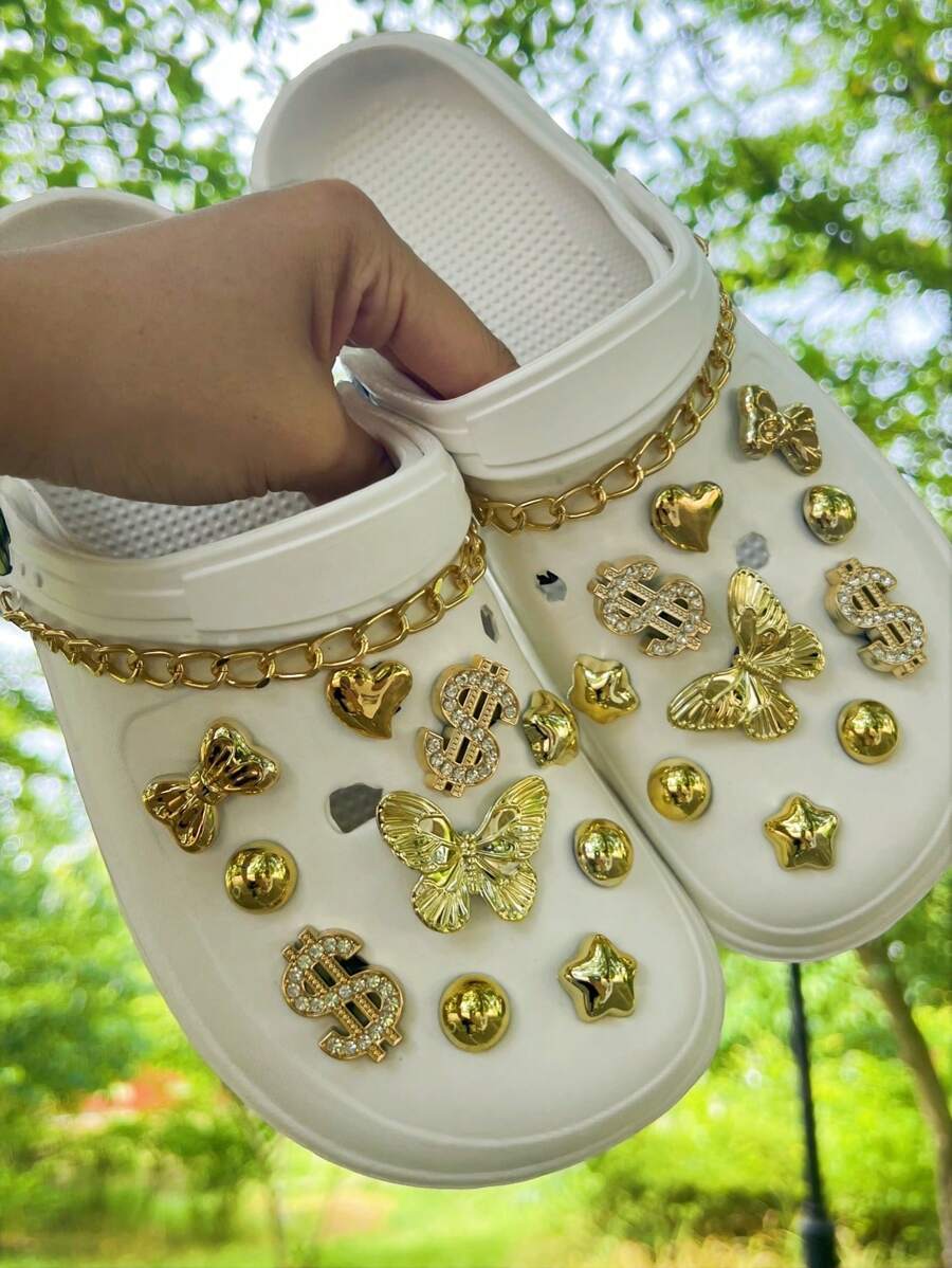 22 件 DIY 花园鞋配件，镀金 3D 蝴蝶水钻，金色铝链装饰，可拆卸装饰适用于镂空拖鞋/凉鞋，四季皆宜，节日礼物
