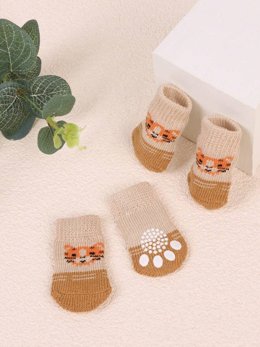 4pcs/Set Cute Pet Dog Socks, Printed Anti-Slip Cat Dog Shoes, Paw Protector Covers, Suitable For Small Dogs Like Chihuahua, Yorkshire Terrier, Indoor Anti-Slip - Multicolor - View 1