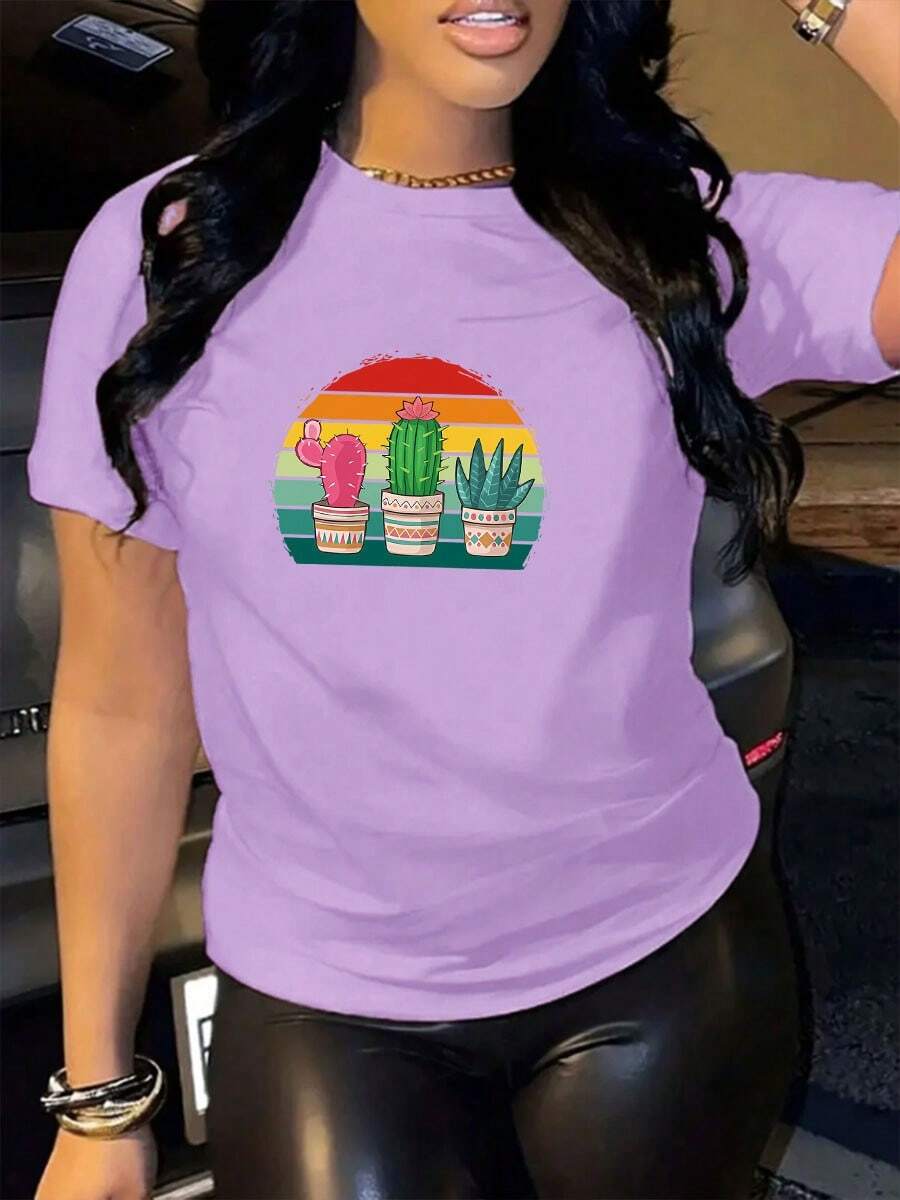 Camiseta de mujer Tres cactus impresión primavera y verano casual suelta cuello redondo manga corta - Morado - Ver 1