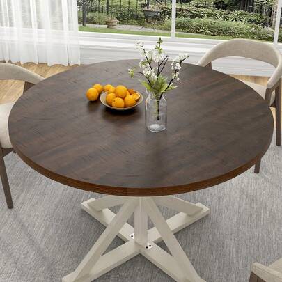 Rustic Farmhouse Round Table: 47-Inch Waterproof Wood Dining Table With Thick Top & Metal Base - Seats 4, Perfect For Kitchen, Dining, Living Room