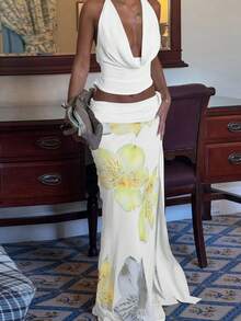 Bộ đồ hai mảnh hở lưng buộc dây cho nữ, áo crop top hở vai và chân váy lưới dài xẻ tà in họa tiết hoa thanh lịch, gợi cảm - trắng - Xem 3