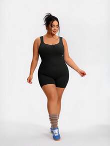 TCVC Tuta senza maniche con schiena scoperta, in taglie comode per donne, in tessuto traspirante e confortevole, con controllo addominale e alta elasticità per uno slimming effetto, in maglia traspirante e amichevole per la pelle, di stile europeo e americano, adatta per passeggiate all'aperto, shopping, viaggi, ufficio, versatile - nero - Visualizzare 7