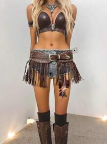 Amber Gradient Fringe Rivet Wide Waist Belt, Versatile Streetwear Accessory, Mecha-Inspired Waist Belt, Celebrity Same Style Leather Belt, Fashionable Waist Skirt - Multicolor - View 4