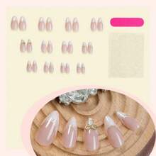 French Tip Press On Nails Medium Almond Fake Nails With Designs Gold Bow Glue On Nails White Acrylic False Nails Reusable Artificial Nails Press Ons Glossy Full Cover Stick On Nails For Women - 彩色 - 查看 5