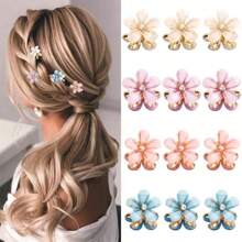 6pcs/Set Women's Mixed Color Alloy Crystal Flower Hair Clips, Elegant High-End Bangs/Fringe Clips, Princess Style Hair Accessories, Versatile For Daily Decoration, Dating, Commuting, Gift Flower Claw Clips