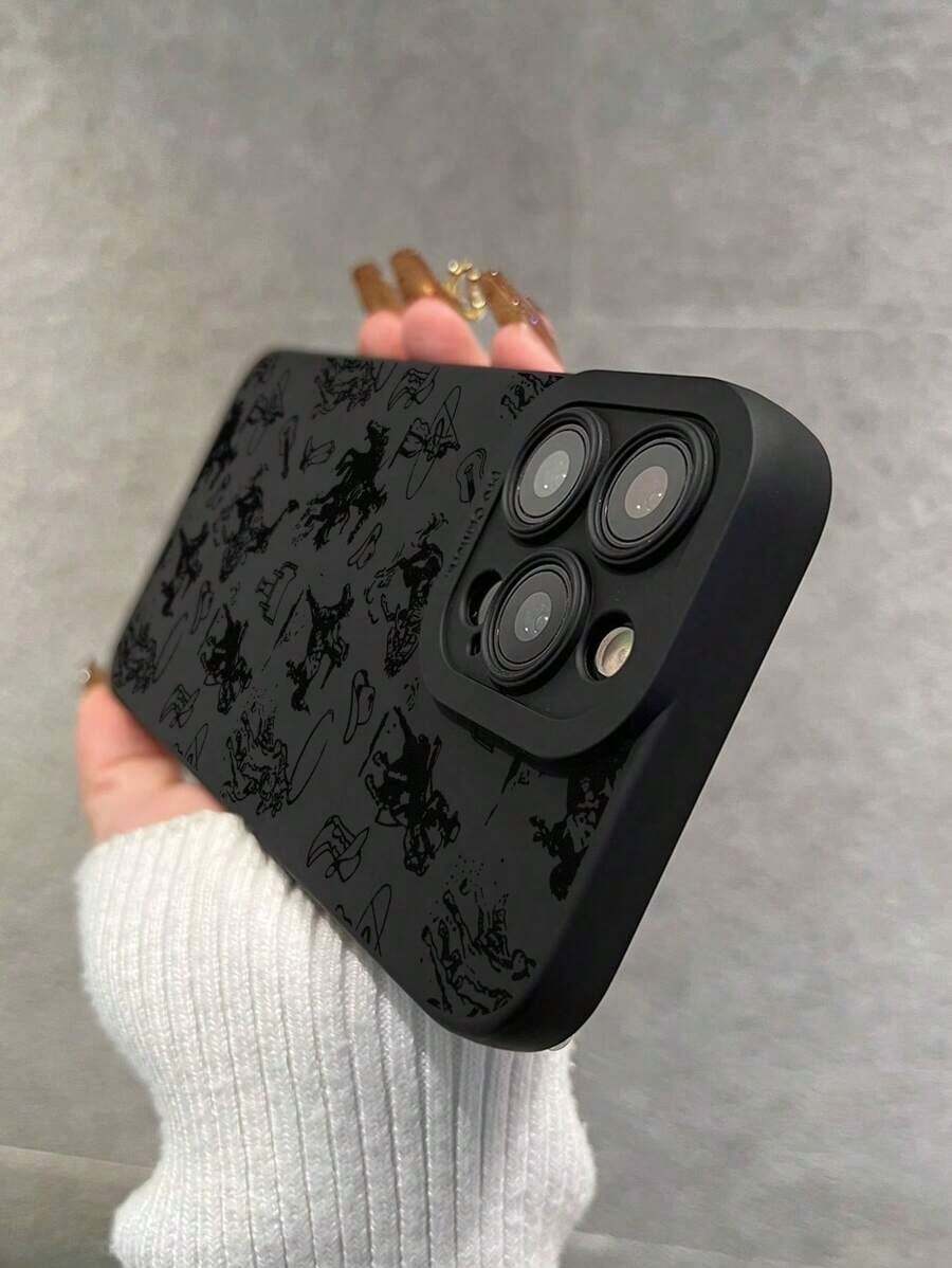 1pc Camera Protection Thickened Anti-Fall Western Cowboy Print Phone Case, Compatible With Apple &  Series - 黑色 - 查看 1