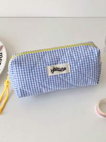 1 pieza Estuche de lápices a cuadros de color contrastante para estudiantes, bolsa de almacenamiento de artículos de papelería, bolsa de almacenamiento de cosméticos y artículos varios de gran capacidad