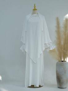 1 Set de Vestido Abaya musulmán suave con mangas de campana, emparejado con hijabs de unicolor, diseño clásico y versátil con cierre de lazo, adecuado para cualquier persona - Multicolor - Ver 4