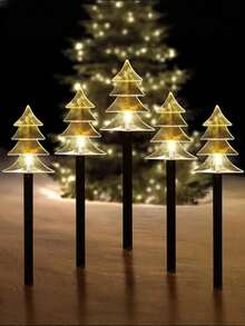 1 Pack Of 5 Solar Powered LED Christmas Tree Path Lights - Warm White, 5-Pointed Star/Snowflake Design, Outdoor Waterproof Holiday Decor, Auto Solar Charging During Day, Auto Lighting At Night, Ground Lighting, Easy Installation, No Wires Needed, Ideal For Winter Parties, Home, Pathways, Gardens, Walkways, Patios, Planters, Sidewalks, Christmas, Holidays, New Year, And Lawn Ambiance Lighting