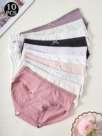10条装少女基本款蝴蝶结装饰纯色内裤