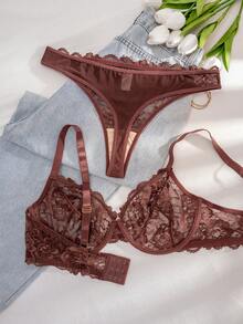 1 Set Women Plus Size Solid Color Lace Underwire Comfortable Bra Set, Lift