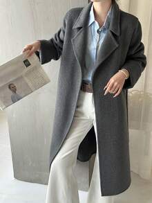 Women's Lapel Belted Double-Faced Wool Coat With Pockets, Suitable For Autumn/Winter - Dark Grey - View 5