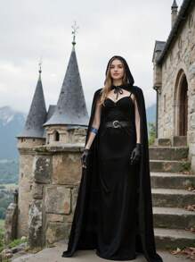 Black Witch Velvet Halloween Hooded Cape King Robe Outfit Renaissance Medieval Costume