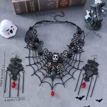 1 套 3 件哥特朋克手工编织万圣节骷髅项链套装，独特的蜘蛛网颈链，简约黑色蕾丝耳环，适合女性日常和感恩节佩戴 - 彩色 - 查看 7