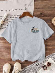男童沙滩印花圆领T恤，春夏男童休闲T恤，柔软上衣 - 灰色 - 查看 5