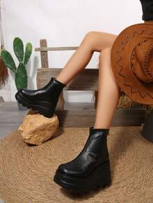 Women's Chunky Platform Suede Boots, Wedge Heel Ankle Boots, Fashion British Style Short Boots For Spring & Autumn
