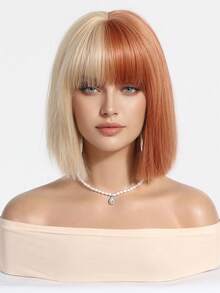 Ombre Brown Blond Wig With Bangs Short Bob Wig Green Wigs For Women Synthetic Hair Colorful Wig For Costume Cosplay 12 Inch Suitable For Role-Playing - Two-Tone - View 2