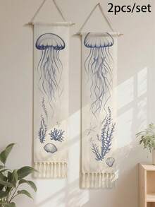 1件装海岸水母挂毯，波西米亚海洋风格装饰，饰有贝壳和珊瑚，沙滩主题房间装饰，航海风家居墙饰，带流苏编织挂毯，适用于客厅和卧室 - 彩色 - 查看 15