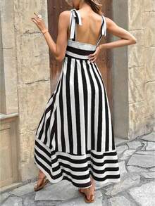 随机剪裁无袖印花夏季A字连衣裙，女士夏季度假连衣裙，休闲外出连衣裙，优雅黑色 - 黑色 - 查看 3